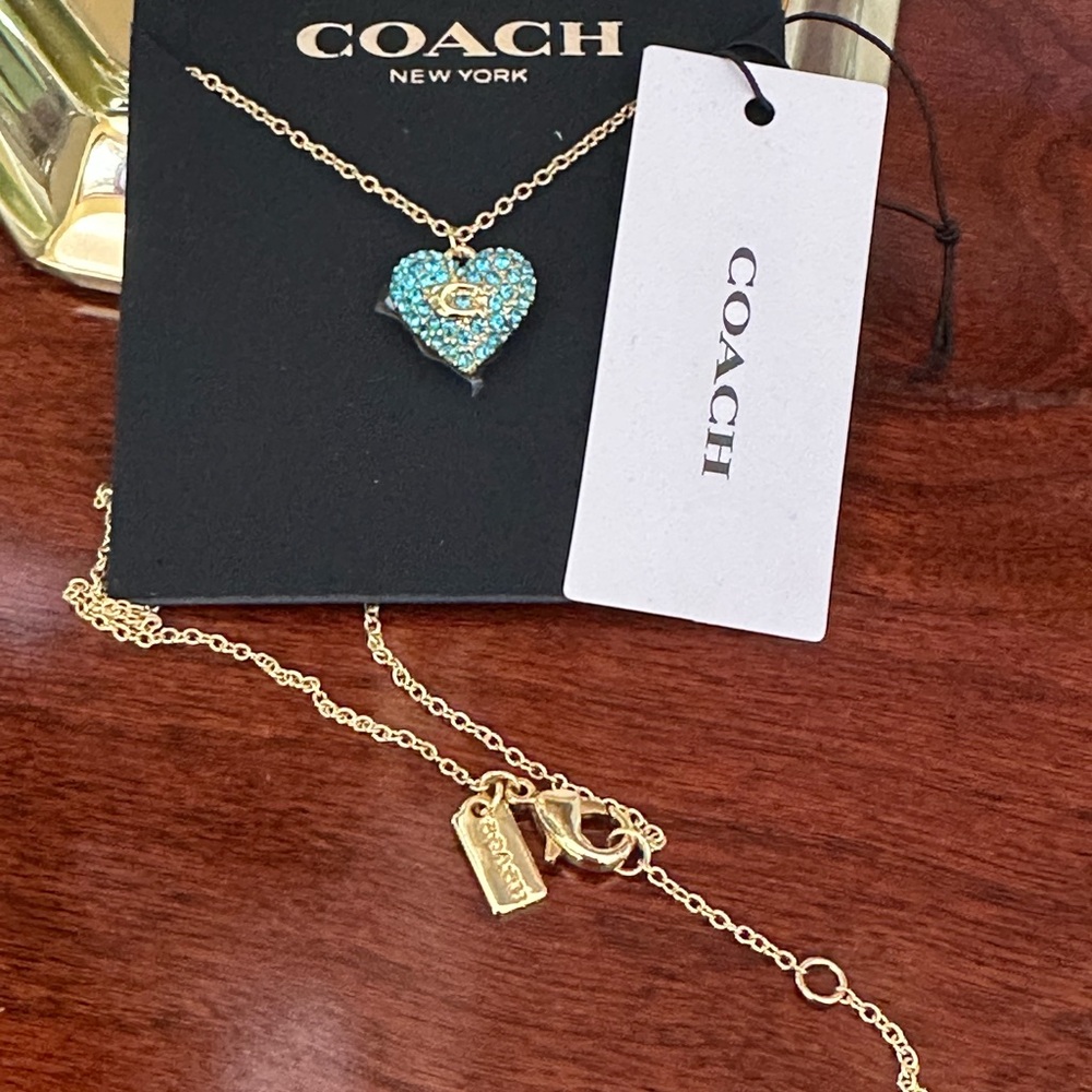 Coach Blue Pave Crystal Signature C Puffed Heart Necklace NWT - Picture 7 of 8